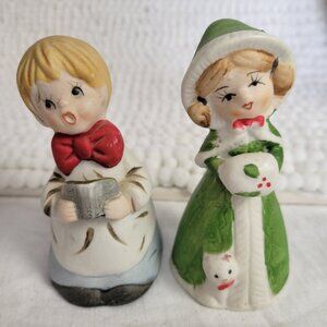 Jasco Merri-Bells Christmas Carolers Boy Girl Cat 1978 vtg Porcelain kitschy